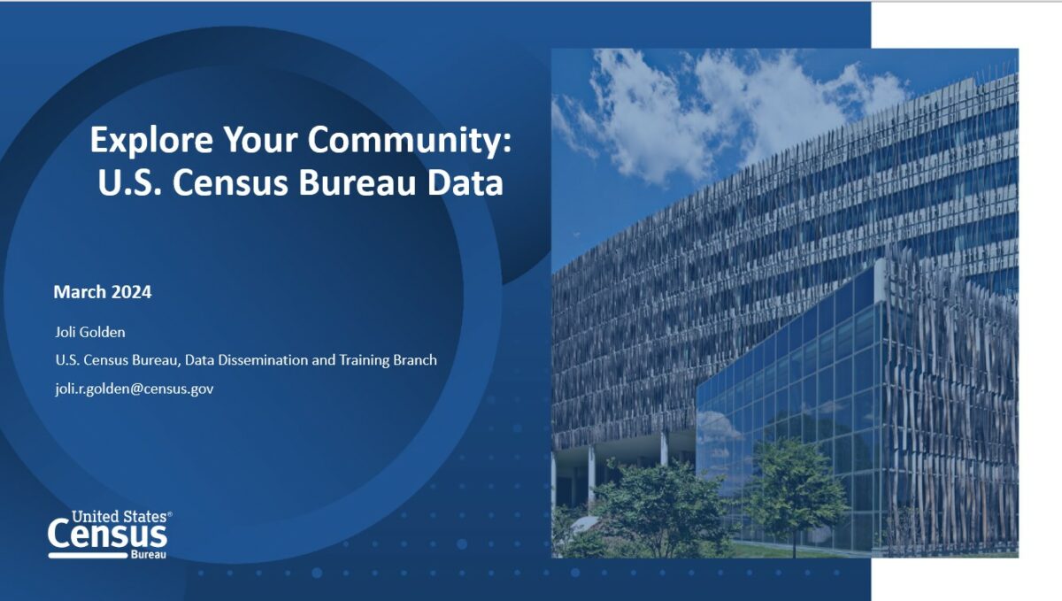 Dark blue event image with a picture of a glass building that says Explore Your Community Through U.S. Census Bureau Data