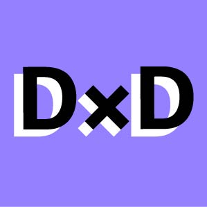 Purple square graphic with DxD logo
