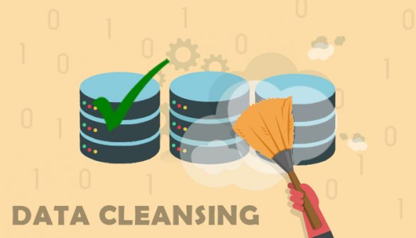 A graphic image with a yellow background and 3 icons indicating stacks of data, with a hand dusting them off with a broom and the words 'data cleansing'