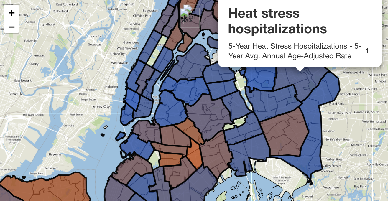 An event image of a choropleth map of nyc showing heat stress hospitalizations
