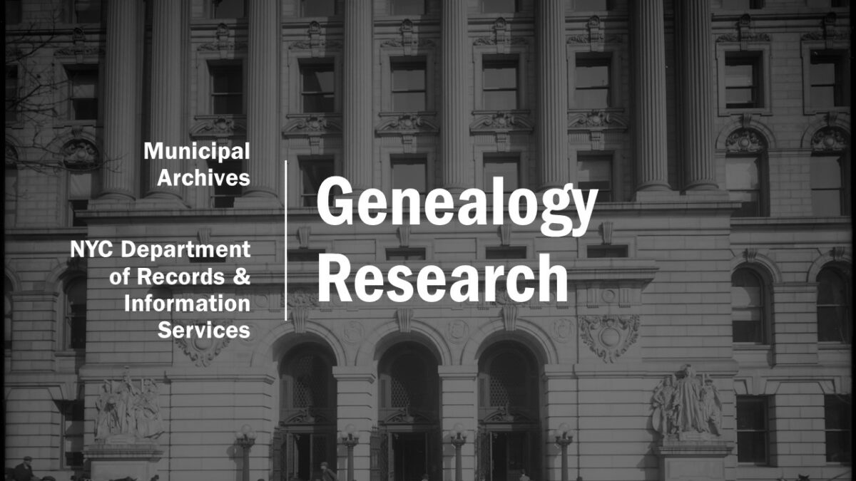 A image of a civic building with text over it that says Genealogy Research.